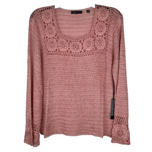 BCBG Max Azria Pink Sweater Crochet Knit Floral Long Sleeve Square Neck Medium